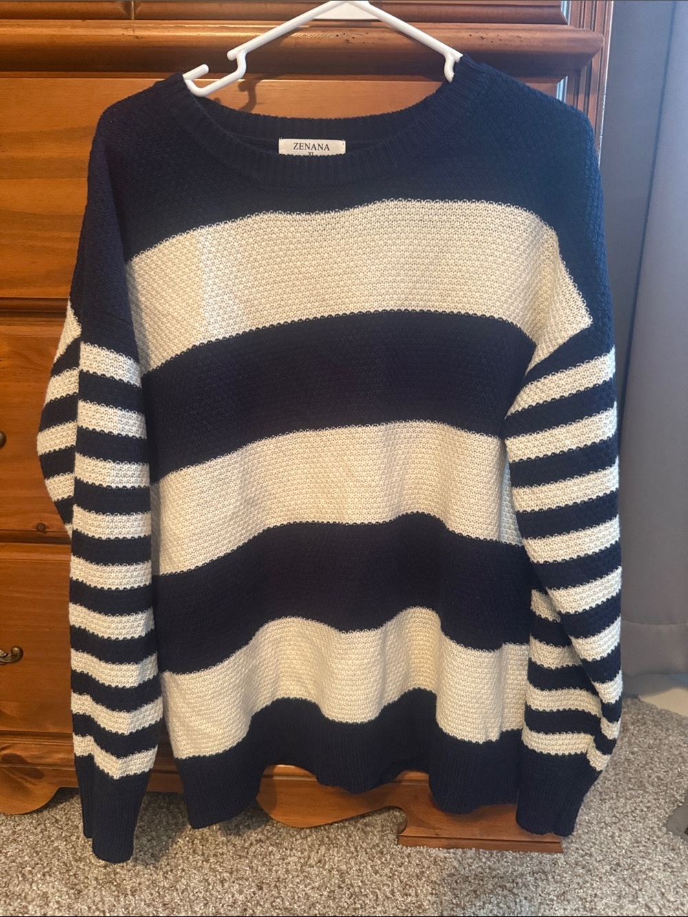 Zenana Outfitters Navy and White Striped Knit Sweater